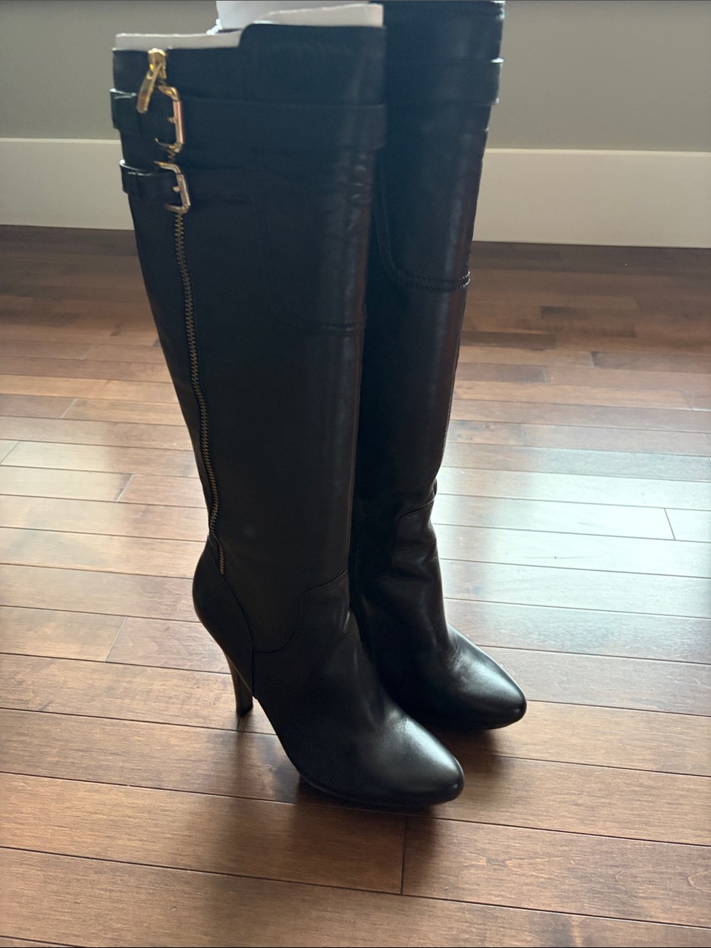 Classic Black Leather Knee-High Heeled Boots